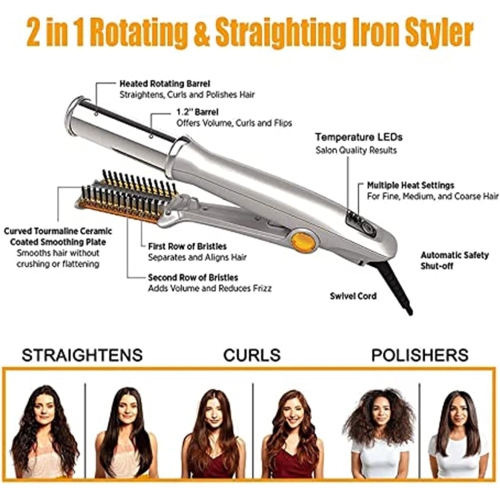 Fer à friser et à lisser 2 en 1, fer à friser rotatif portatif, outil de coiffure pour cheveux frisés et lissants