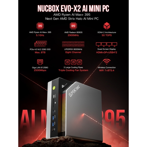 GMKtec EVO-X2 AI Mini PC AMD Ryzen Al Max+ 395 Mini Gaming Computers, 64GB LPDDR5X 8000MHz (8GB*8) 1TB PCIe 4.0 SSD, Quad Screen 8K Display, WiFi 7 &