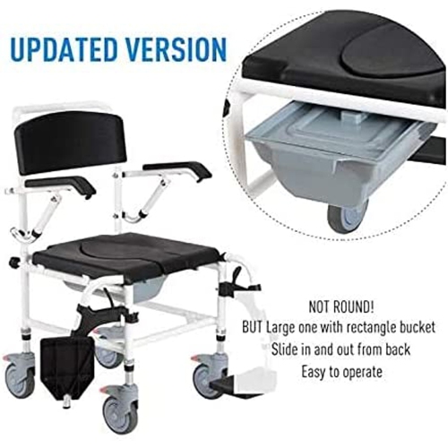 Commode Shower Wheelchair 3-Level Adjustable Height & Flip-up Footrest, Padded Seat, Backrest, Lift Arms, Mobile Toilet Chair, 4 Lockable Mute Wheels