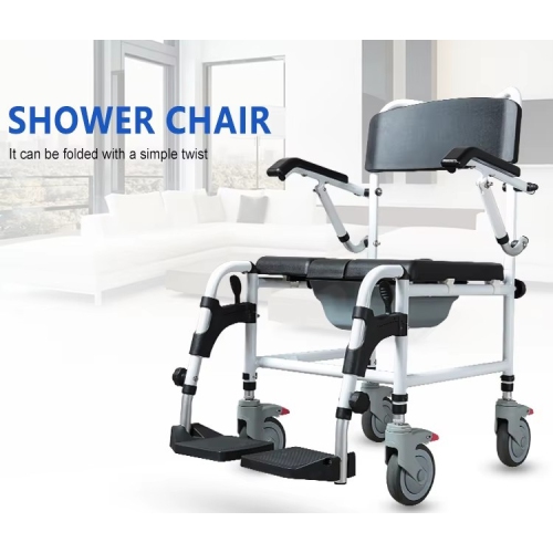 Commode Shower Wheelchair 3-Level Adjustable Height & Flip-up Footrest, Padded Seat, Backrest, Lift Arms, Mobile Toilet Chair, 4 Lockable Mute Wheels