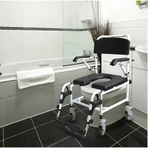 Commode Shower Wheelchair 3-Level Adjustable Height & Flip-up Footrest, Padded Seat, Backrest, Lift Arms, Mobile Toilet Chair, 4 Lockable Mute Wheels