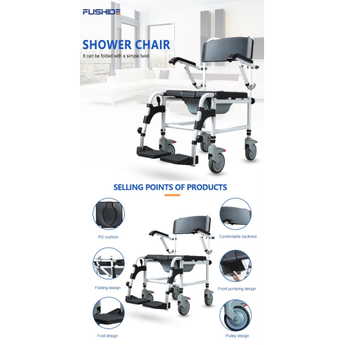 Commode Shower Wheelchair 3-Level Adjustable Height & Flip-up Footrest, Padded Seat, Backrest, Lift Arms, Mobile Toilet Chair, 4 Lockable Mute Wheels
