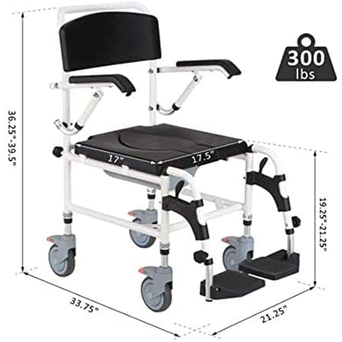 Commode Shower Wheelchair 3-Level Adjustable Height & Flip-up Footrest, Padded Seat, Backrest, Lift Arms, Mobile Toilet Chair, 4 Lockable Mute Wheels