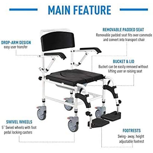 Commode Shower Wheelchair 3-Level Adjustable Height & Flip-up Footrest, Padded Seat, Backrest, Lift Arms, Mobile Toilet Chair, 4 Lockable Mute Wheels