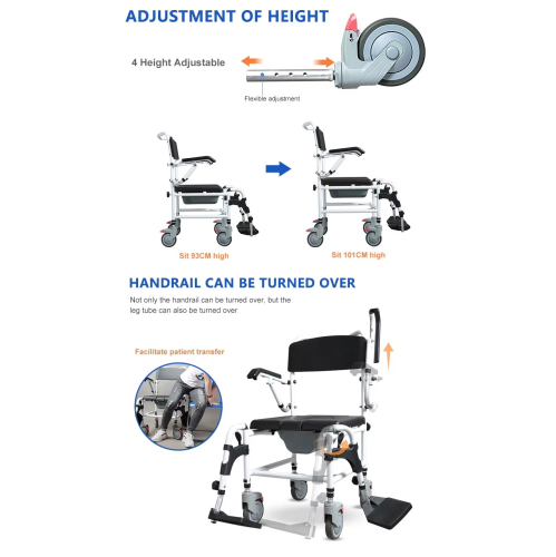 Commode Shower Wheelchair 3-Level Adjustable Height & Flip-up Footrest, Padded Seat, Backrest, Lift Arms, Mobile Toilet Chair, 4 Lockable Mute Wheels