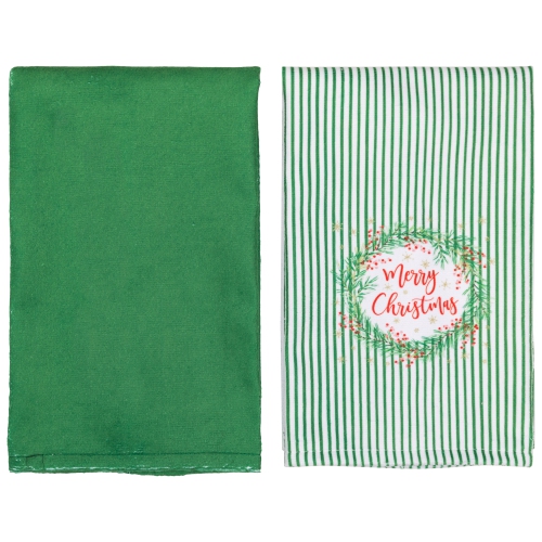 Ensemble de 2 serviettes de cuisine unies et rayées Merry Christmas - 26 po