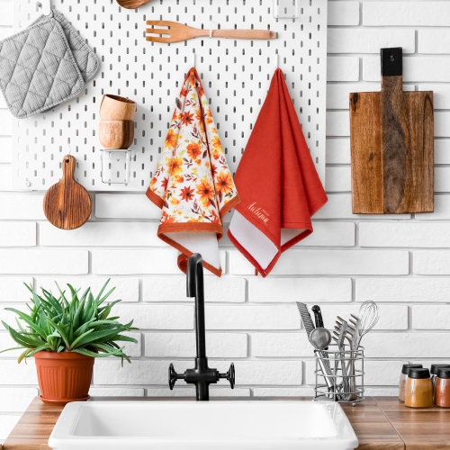 Hello Autumn and Floral Fall Harvest Kitchen Tea Towels - 26" - Set of 2