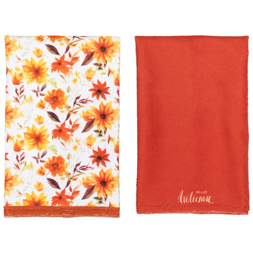 Hello Autumn and Floral Fall Harvest Kitchen Tea Towels - 26" - Set of 2