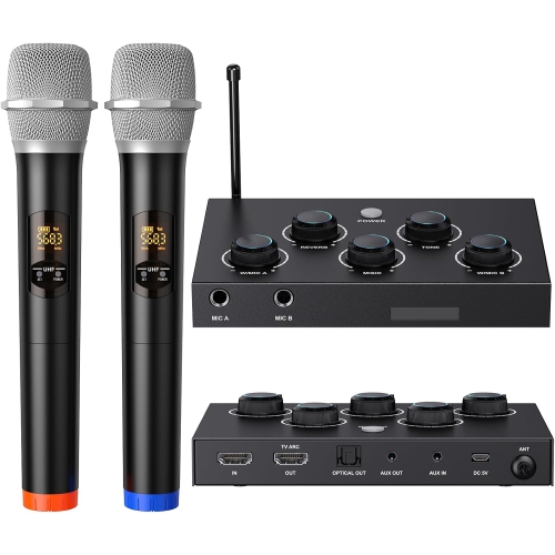 Open Box - Rybozen Portable Karaoke Microphone Mixer System Set, with Dual UHF Wireless Mic, HDMI-ARC/Optical/AUX & HDMI in/Out