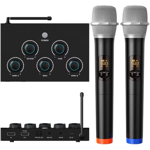Open Box - Rybozen Portable Karaoke Microphone Mixer System Set, with Dual UHF Wireless Mic, HDMI-ARC/Optical/AUX & HDMI in/Out