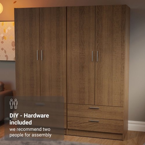 Madesa 4 Doors 4 Drawers Storage Cabinet Wardrobe with Shelves and Hanging Space 63 Inch Wooden Armoire Closet Organization Unit for Bedroom and