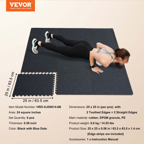 VEVOR 0.56in Thick Gym Floor Mats, 6 Tiles Rubber Top with EVA Foam, 25" x 25" Gym Workout Mats with 25 sq.ft Coverage, Interlocking Puzzle Gym Mats