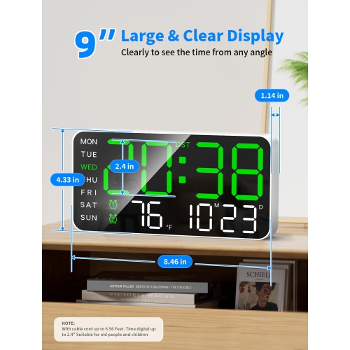 8.4''Large Digital Wall Clock, Led Alarm Clock with Big Digits, Date, Temperature, DST, Modern Decor Design for Desk