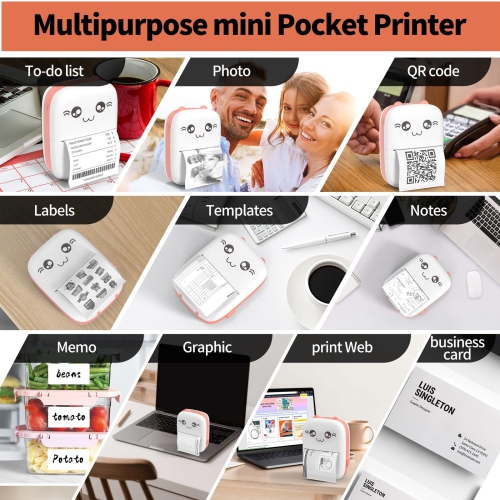 Inkless Sticker Mini Pocket Thermal Printer 13 Rolls Thermal Paper,Suit for iOS Android APP