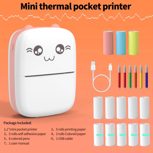 Inkless Sticker Mini Pocket Thermal Printer 13 Rolls Thermal Paper,Suit for iOS Android APP