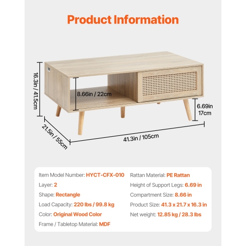 VEVOR 42 Inch Rattan Coffee Table, Mid Century Modern Coffee Table, Rectangle Wood Table, Modern Boho Style 2 Layers Storage Coffee Table, for Living