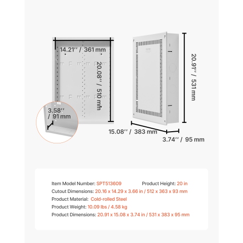 Boîtier multimédia structuré VEVOR de 20&nbsp;po, boîtier multimédia encastré avec couvercle, trousse de gestion de câbles mural, armoire multimédia,