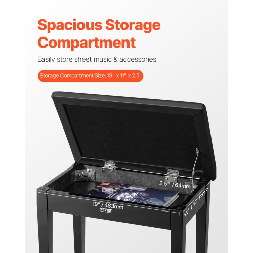 Banc à piano VEVOR de 22 x 13,78 x 19&nbsp;po, fauteuil piano avec coussin rembourré haute densité, compartiment de rangement pour livres de musique,