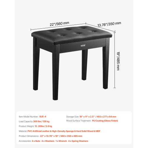 Banc à piano VEVOR de 22 x 13,78 x 19&nbsp;po, fauteuil piano avec coussin rembourré haute densité, compartiment de rangement pour livres de musique,