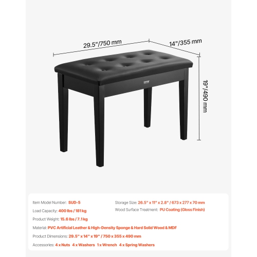 VEVOR 29.5" x 14" x 19" Piano Bench, Duet Keyboard Piano Chair with High-Density Padded Cushion, Storage Compartment for Music Books, Wooden Piano