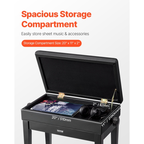 VEVOR 22" x 13" x 19.3" Piano Bench, Keyboard Piano Chair with 19.3"-22.8" Height, Padded Cushion, Storage Compartment for Music Books, Wooden Piano