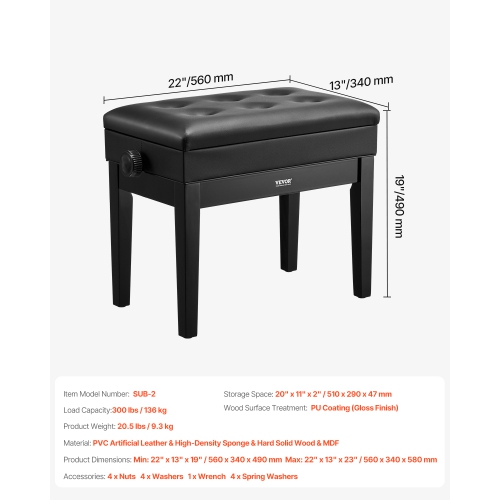 VEVOR 22" x 13" x 19.3" Piano Bench, Keyboard Piano Chair with 19.3"-22.8" Height, Padded Cushion, Storage Compartment for Music Books, Wooden Piano