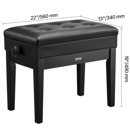 VEVOR 22" x 13" x 19.3" Piano Bench, Keyboard Piano Chair with 19.3"-22.8" Height, Padded Cushion, Storage Compartment for Music Books, Wooden Piano