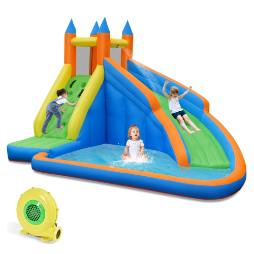 GYMAX  Inflatable Water Park Bounce House Climbing Wall Splash Pool W/ 480W Blower Outdoor