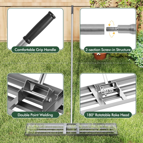 Gymax 30'' x 10'' Heavy Duty Lawn Level Tool for Soil w/ 67'' Handle Dirt Ground Leveler