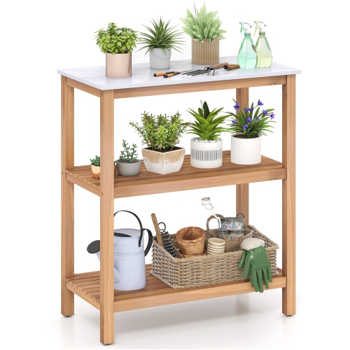 Gymax 3-Tier Patio Garden Potting Bench Table w/ Acacia Wood 2 Slatted Shelves