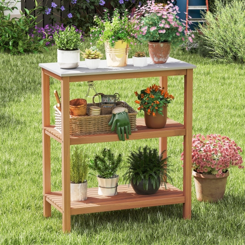 Gymax 3-Tier Patio Garden Potting Bench Table w/ Acacia Wood 2 Slatted Shelves