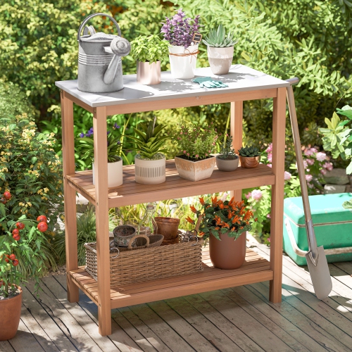 Gymax 3-Tier Patio Garden Potting Bench Table w/ Acacia Wood 2 Slatted Shelves