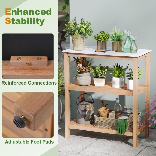 Gymax 3-Tier Patio Garden Potting Bench Table w/ Acacia Wood 2 Slatted Shelves