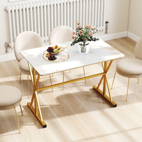 Gymax 44'' Rectangular Kitchen Table w/ Metal Frame Faux Marble Tabletop Heat