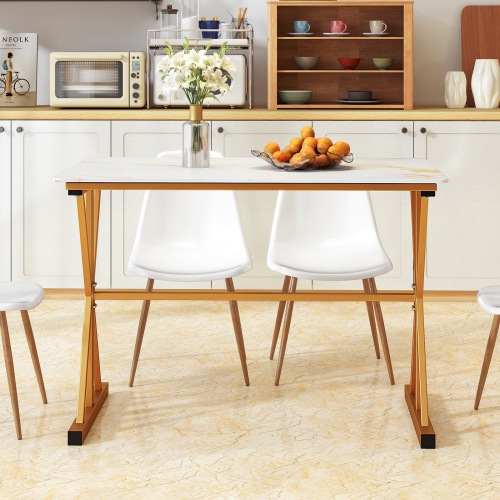 Gymax 44'' Rectangular Kitchen Table w/ Metal Frame Faux Marble Tabletop Heat