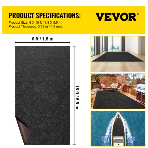 VEVOR 6x18 ft Marine Carpet, Charcoal Black Marine Grade Boat Carpet, Indoor/Outdoor Marine Carpeting with Water-proof TPR Backing, Water-proof