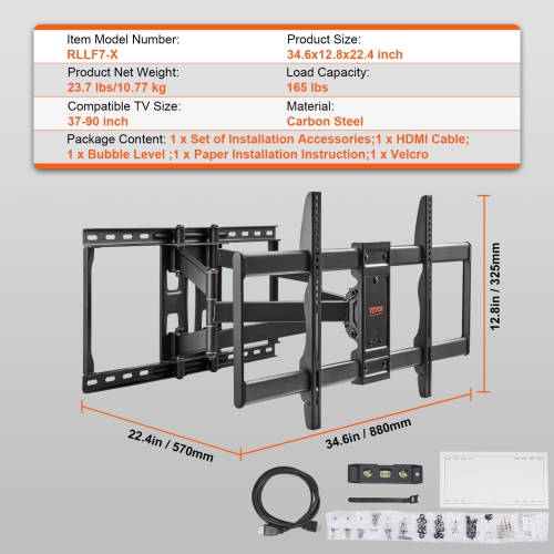 VEVOR 165 lbs L.C. TV Mount Fits for Most 37-90 inch TVs, Swivel Tilt Horizontal Adjustment TV Wall Mount Bracket with 4 Articulating Arms, Max VESA