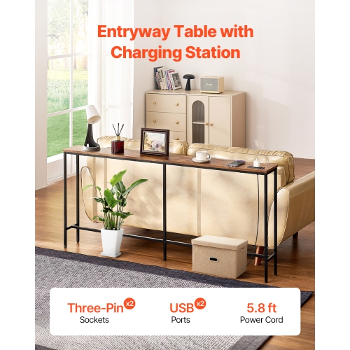 VEVOR 70.9" Narrow Console Table, Behind Couch Table with Power Outlets, 1-Tier Long Entryway Table, with Metal Frame and Charge Station, for
