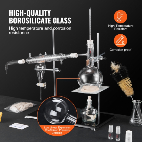 VEVOR 28 pcs Essential Oil Distillation Kit, 500ml Distillation Apparatus, 3.3 Boro Lab Glassware Distillation Kit with Alcohol Lamp, Ceramic Mesh