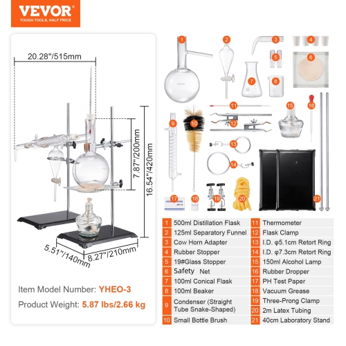 VEVOR 28 pcs Essential Oil Distillation Kit, 500ml Distillation Apparatus, 3.3 Boro Lab Glassware Distillation Kit with Alcohol Lamp, Ceramic Mesh