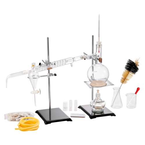 VEVOR 28 pcs Essential Oil Distillation Kit, 500ml Distillation Apparatus, 3.3 Boro Lab Glassware Distillation Kit with Alcohol Lamp, Ceramic Mesh