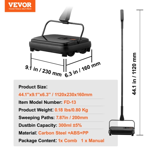 VEVOR 7.87in Paths Carpet Sweeper, Floor Sweeper Manual Non Electric, 300 ml Dustbin Capacity with Comb for Home, Office, Rugs, Hardwood Surfaces,