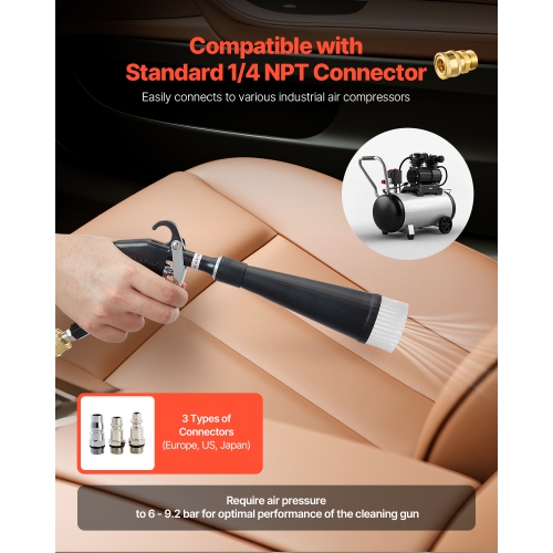 VEVOR 6-9.2 Bar Car Cleaning Gun, High-Pressure Blow Gun with 2-Set Nozzles, 360° Nozzle for Complete Cleaning, Blasts Dirt and Dust from Surface,