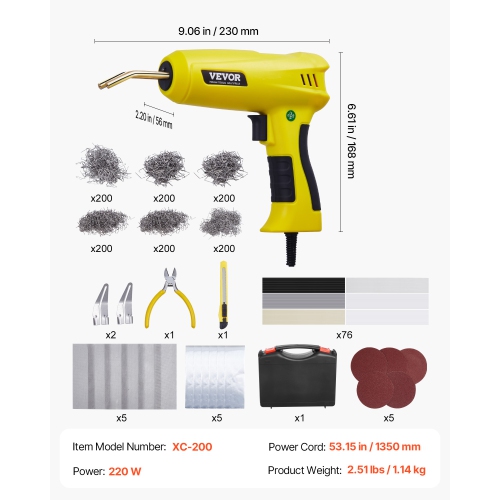 VEVOR 220W Plastic Welding Kit, with 1200PCS Hot Staples & 76PCS Welding Rods, Professional Hot Staple Welding Gun with LED Light, Carrying Case for