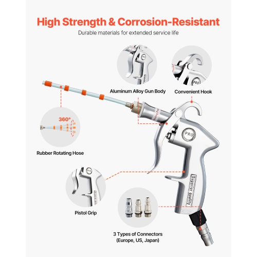 VEVOR 6-9.2 Bar Car Cleaning Gun, High-Pressure Blow Gun with 2-Set Nozzles, 360° Nozzle for Thorough Cleaning, Blasts Dirt and Dust from Surface,
