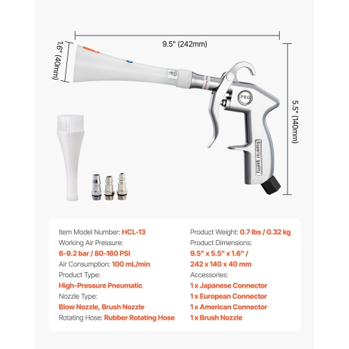 VEVOR 6-9.2 Bar Car Cleaning Gun, High-Pressure Blow Gun with 2-Set Nozzles, 360° Nozzle for Thorough Cleaning, Blasts Dirt and Dust from Surface,