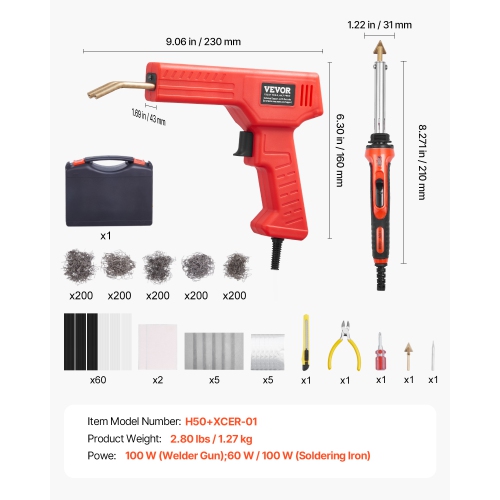 VEVOR 100W Plastic Welder Kit Deluxe, Welding Gun+60 W/100W Soldering Iron, Professional Welding Tool with 1000PCS Hot Staples & 60 Rods for Car