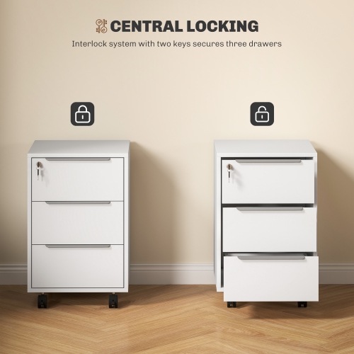 HOMCOM Vertical Filing Cabinet with Lock, 3-Drawer File Cabinet with Wheels, Home Office Organizer, White