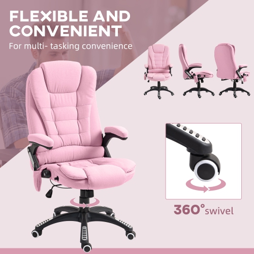 Vinsetto Massage Office Chair with with 6-Point Vibration, Linen Reclining Executive Office Chair with High Back, Swivel Wheels, Pink