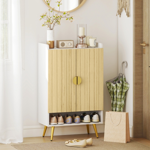 HOMCOM – Armoire étroite pour chaussures d'entrée avec 2 portes, tablettes ajustables et tablette ouverte pour 15 paires de chaussures, naturel